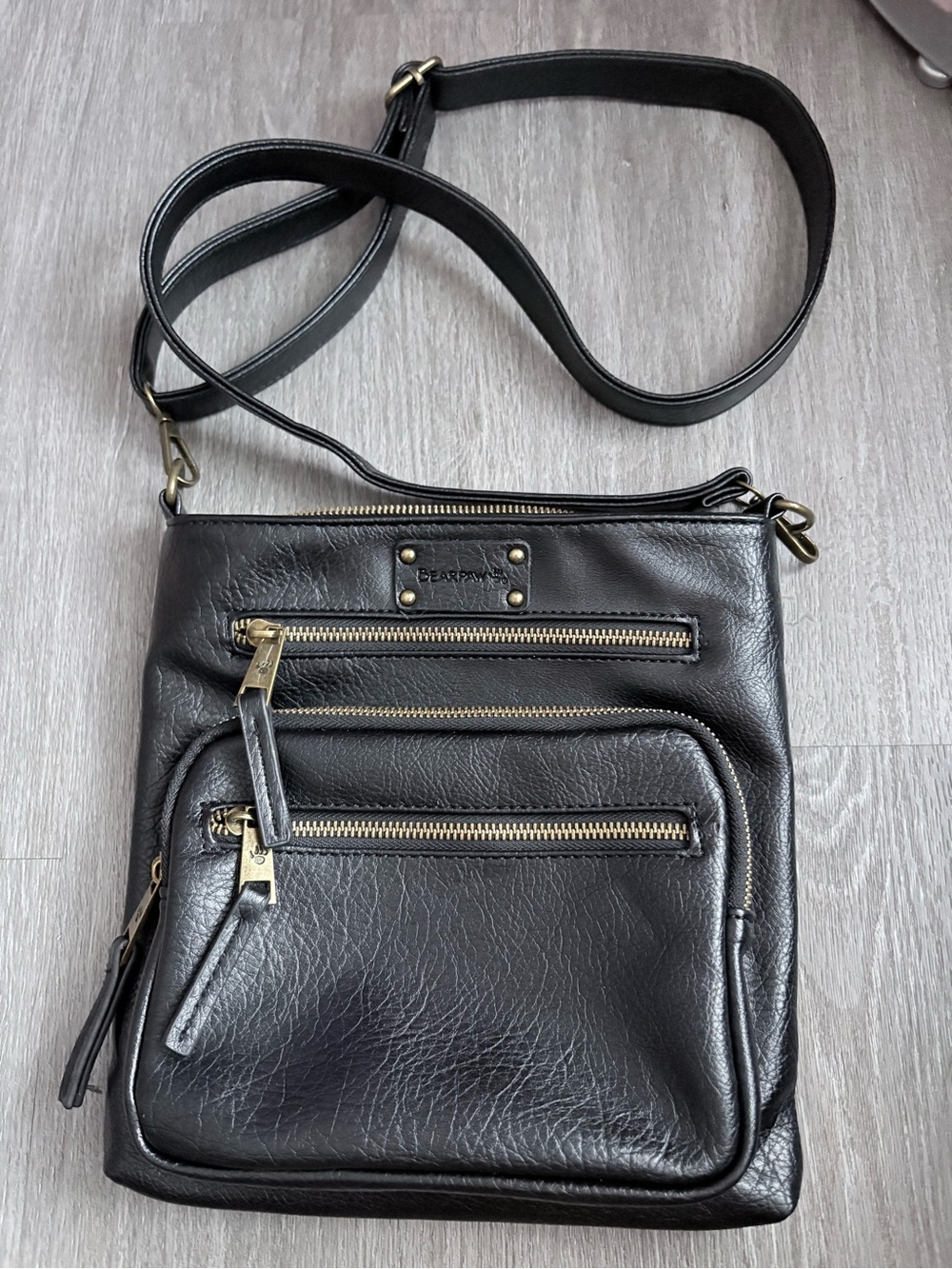 BearPaw Black Leather Multi-Zip Crossbody Bag